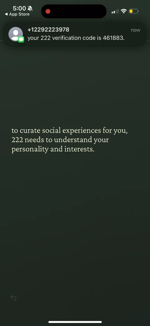 222 onboarding screen 100: The verification SMS appears as a system banner, then the screen states '222 needs to understand your…
