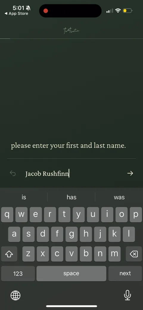 222 onboarding screen 108: 'please enter your first and last name' on a near-blank canvas with a single underlined field