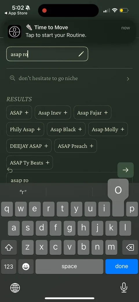 222 onboarding screen 115: 'Time to Move - tap to start your Routine' with a live-search field for music artists (ASAP, Asap Rocky, etc.)