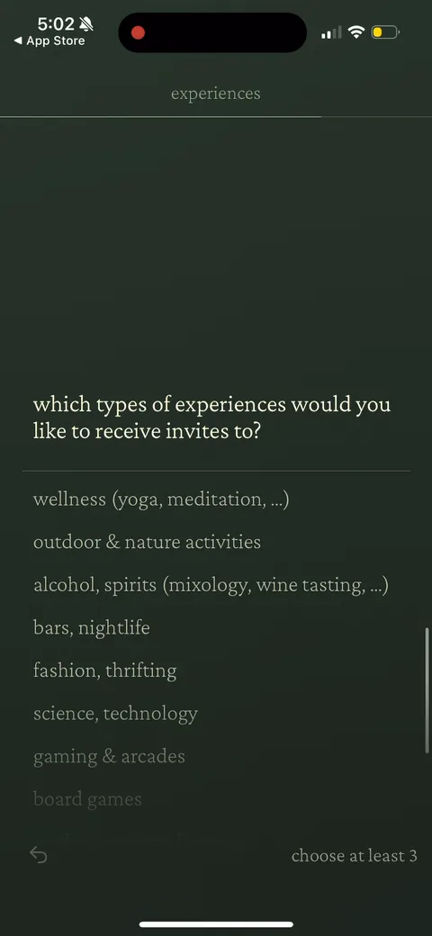 222 onboarding screen 120: 'which types of experiences would you like to receive invites to?' - multi-select (wellness, nightlife…