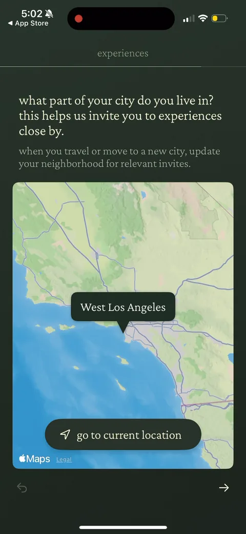 222 onboarding screen 124: Location capture - 'what part of your city do you live in?' on a map pinned to West Los Angeles, framed as…
