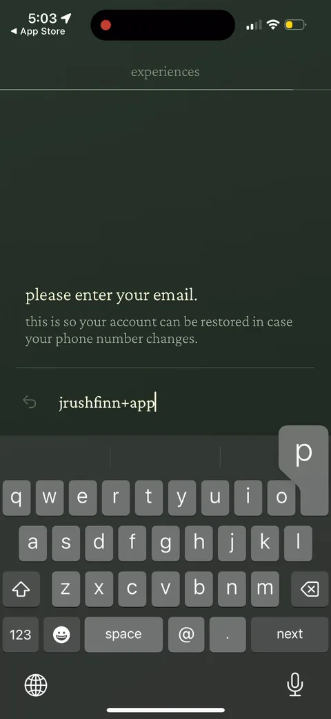 222 onboarding screen 132: 'please enter your email - this is so your account can be restored in case your phone number changes.' Email…