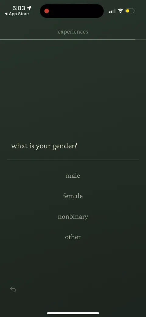 222 onboarding screen 135: 'what is your gender?' (male / female / nonbinary / other)