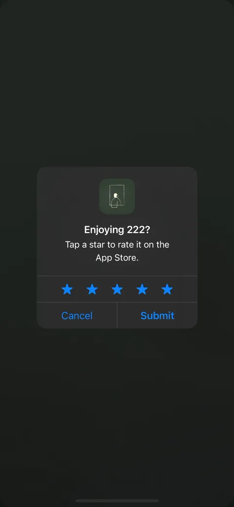 222 onboarding screen 140: Native iOS 'Enjoying 222?' rate-this-app prompt fired mid-onboarding, right after the user has invested…
