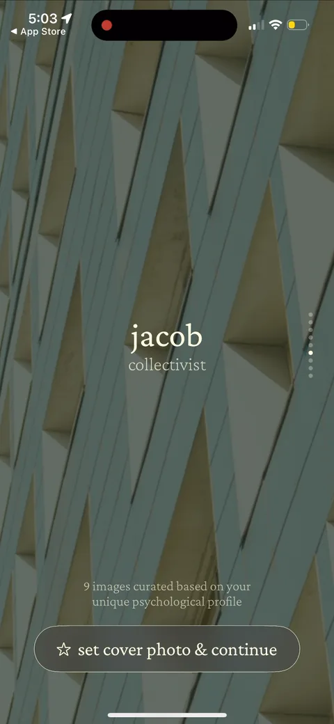 222 onboarding screen 145: Profile reveal: 'jacob / collectivist' over an abstract architectural image, captioned '9 images curated…