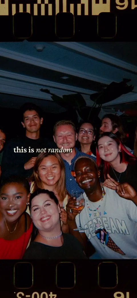 222 onboarding screen 40: 'this is not random' over another grainy group photo