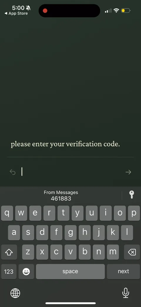 222 onboarding screen 98: SMS verification - 'please enter your verification code,' with the 461883 code surfaced via iOS autofill