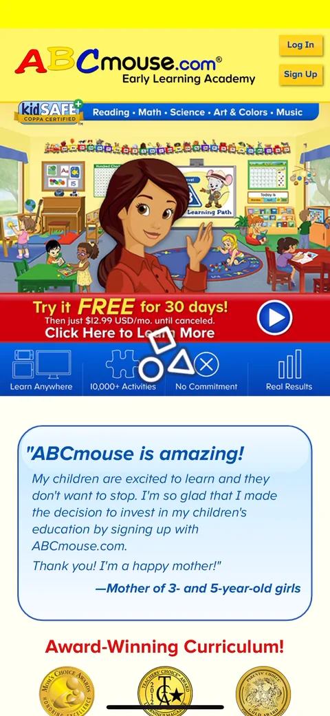 Abcmouse onboarding screen 3: The whole onboarding is a web view of the marketing site, not a native flow