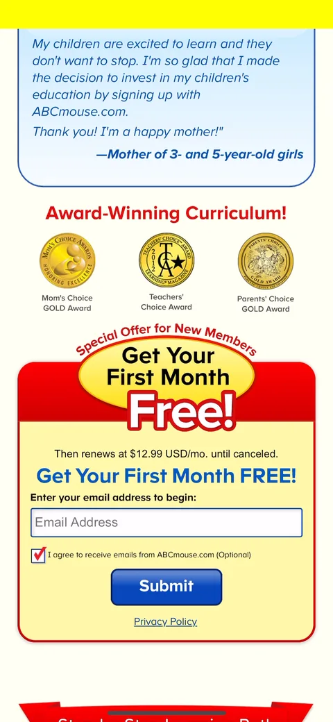 Abcmouse onboarding screen 4: Email captured on its own screen, before the password, with the offer attached: 'Get Your First Month FREE'