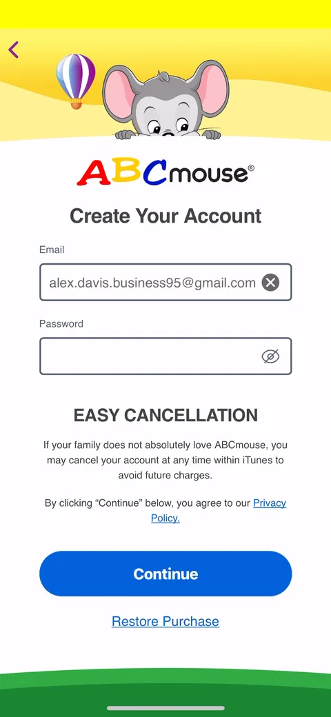 Abcmouse onboarding screen 10: 'EASY CANCELLATION' set as its own heading on the account screen, explaining you can cancel through iTunes at…