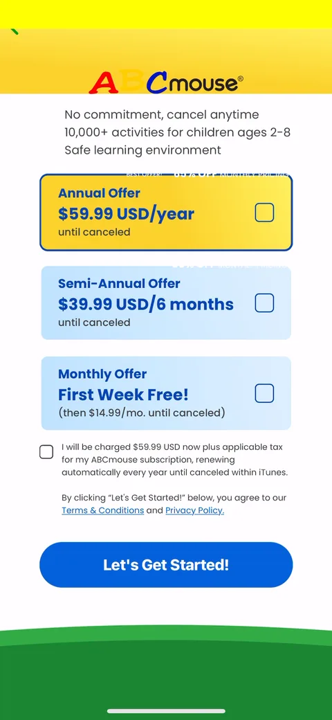 Abcmouse paywall with pricing, onboarding screen 13