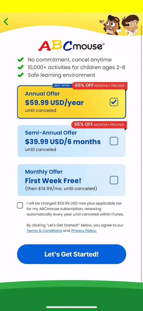 Abcmouse onboarding screen 14: '95% OFF MONTHLY PRICING' badges on the annual and semi-annual tiers