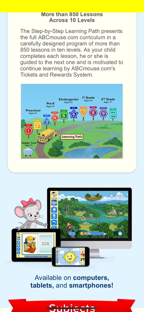 Abcmouse onboarding screen 17: 'More than 850 Lessons Across 10 Levels' with the Step-by-Step Learning Path drawn out from Kindergarten up