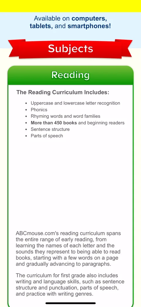 Abcmouse onboarding screen 18: Then several screens of curriculum detail: Reading, Math, The World Around Us, Science and Social Studies…