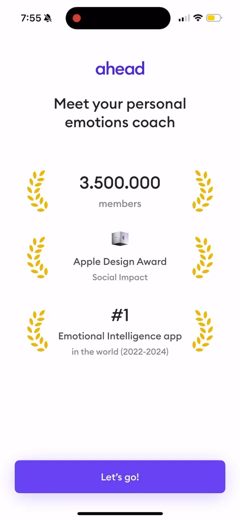 Ahead onboarding screen 1: Opens cold on a pure social-proof wall before any value: 3.5M members, Apple Design Award, '#1 EQ app in the…