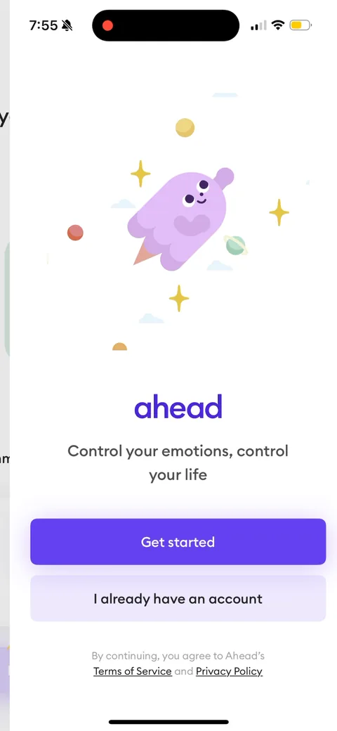 Ahead onboarding screen 5: The real welcome screen with the mascot and brand promise ('Control your emotions, control your life')