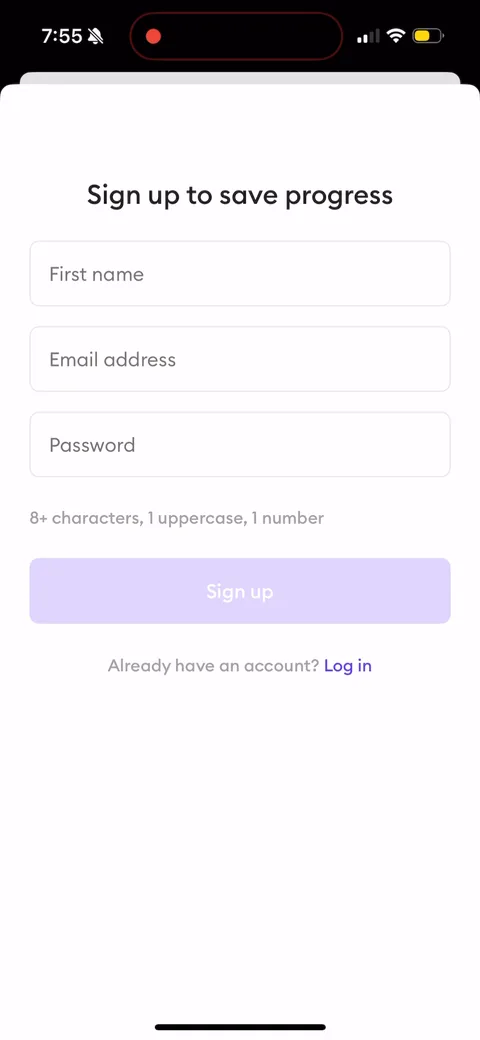 Ahead onboarding screen 8: Hard email/password signup gated *before* any value delivery