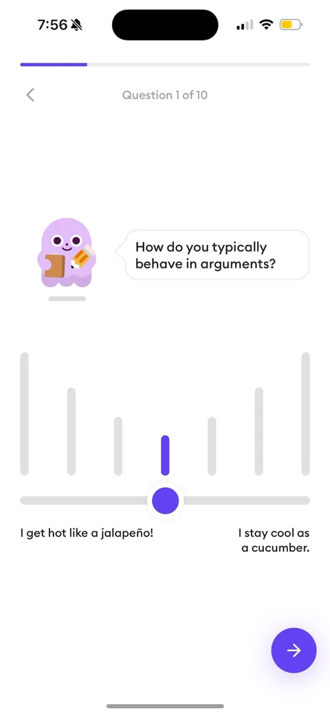 Ahead onboarding screen 20: Quiz question 1 of 10 with a progress bar