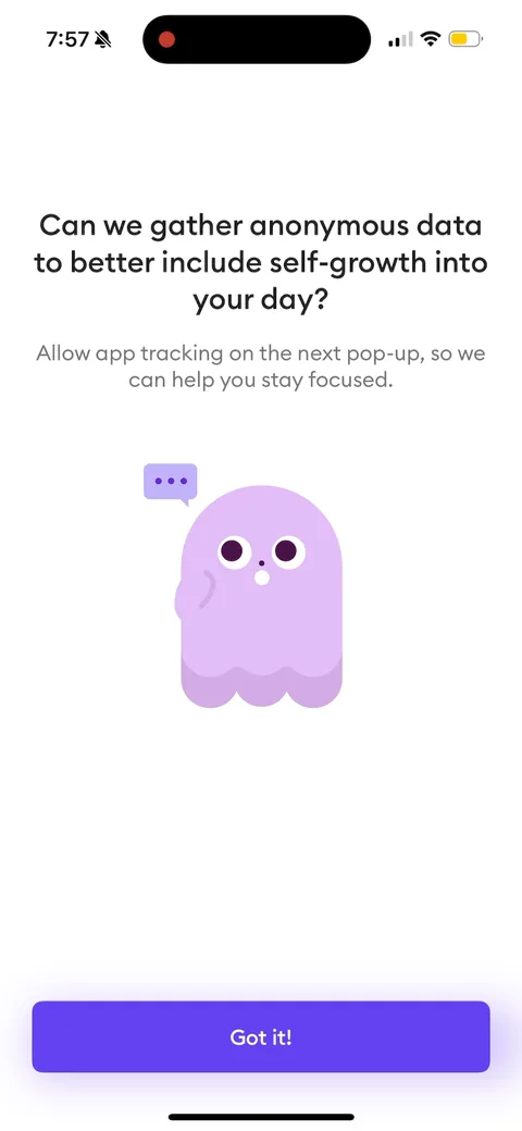 Ahead onboarding screen 30: App-tracking permission ask, softly framed as 'gather anonymous data to better include self-growth into your…