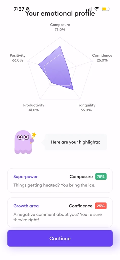 Ahead onboarding screen 35: Payoff moment: 'Your emotional profile' radar chart across…