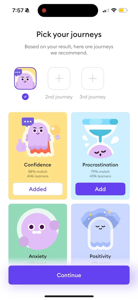 Ahead onboarding screen 38: 'Pick your journeys'