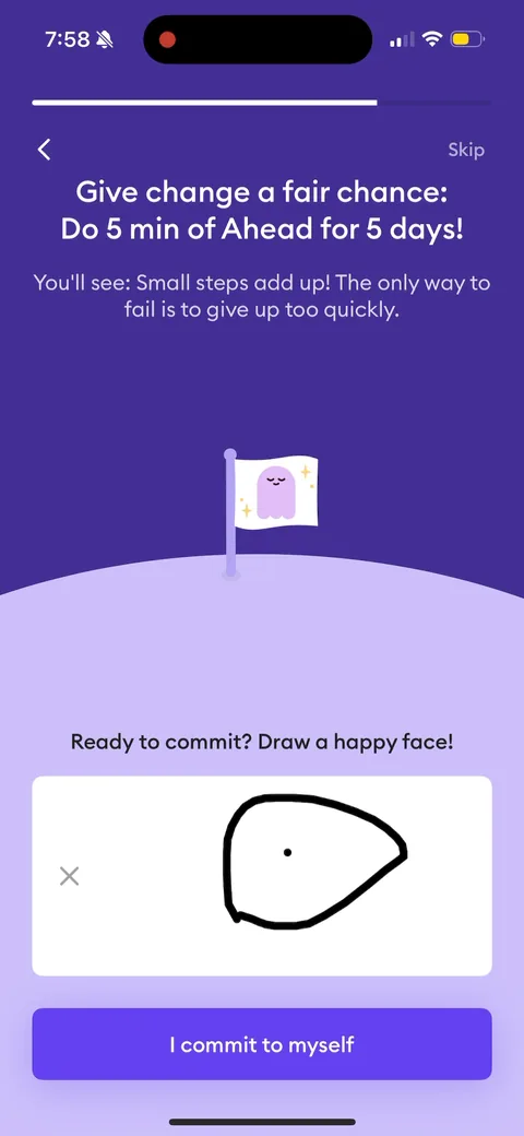 Ahead onboarding screen 44: Commitment device: 'Do 5 min of Ahead for 5 days' and a draw-a-happy-face interaction ending in 'I commit to…