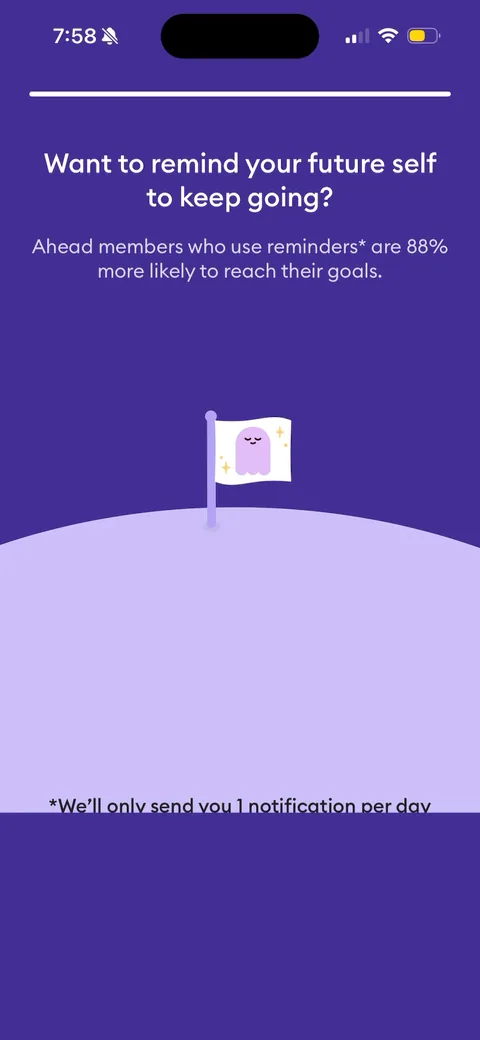 Ahead onboarding screen 46: Notification permission ask, stat-justified ('members who use reminders are 88% more likely to reach their…