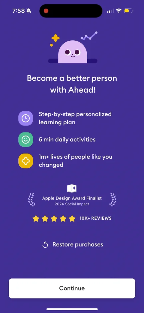 Ahead onboarding screen 47: Final pre-paywall value summary: 'Become a better person with Ahead' with a 3-bullet plan, Apple Design Award…