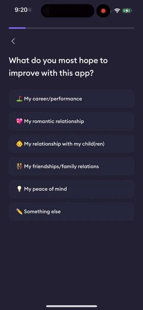Ahead onboarding screen 2: Single-select on 'What do you most hope to improve.' I'd make this multi-select