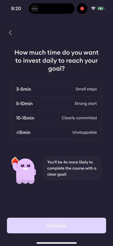 Ahead onboarding screen 8: Asking how much time you'll commit daily, with '4x more likely to complete with a clear goal' under it