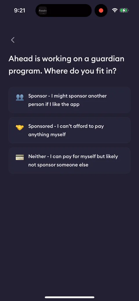 Ahead onboarding screen 12: The guardian program question doubles as a willingness-to-pay probe
