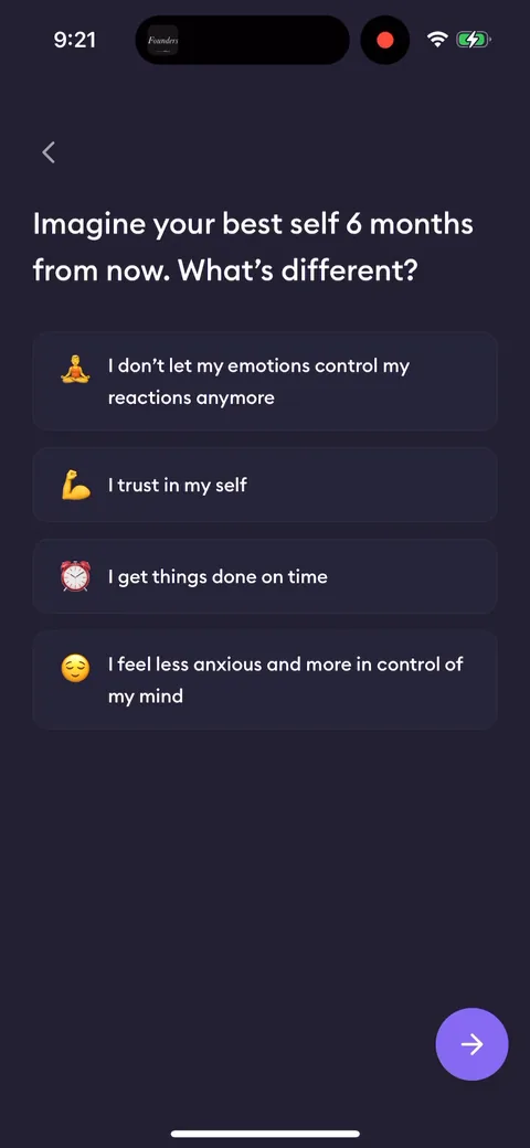 Ahead onboarding screen 14: 'Imagine your best self 6 months from now' with emotional, benefits-led options