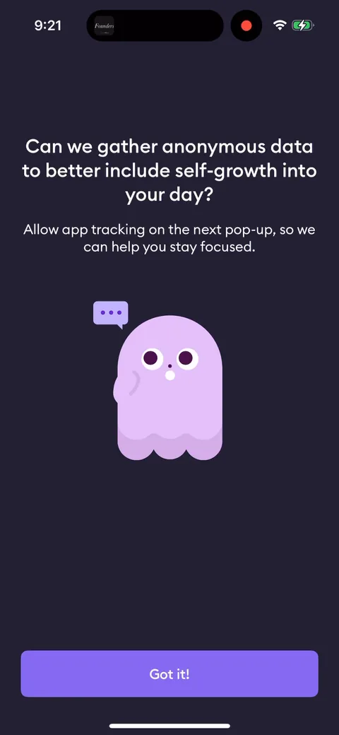 Ahead onboarding screen 17: ATT prompt pre-framed as 'gather anonymous data to better include self-growth into your day.' Priming the…