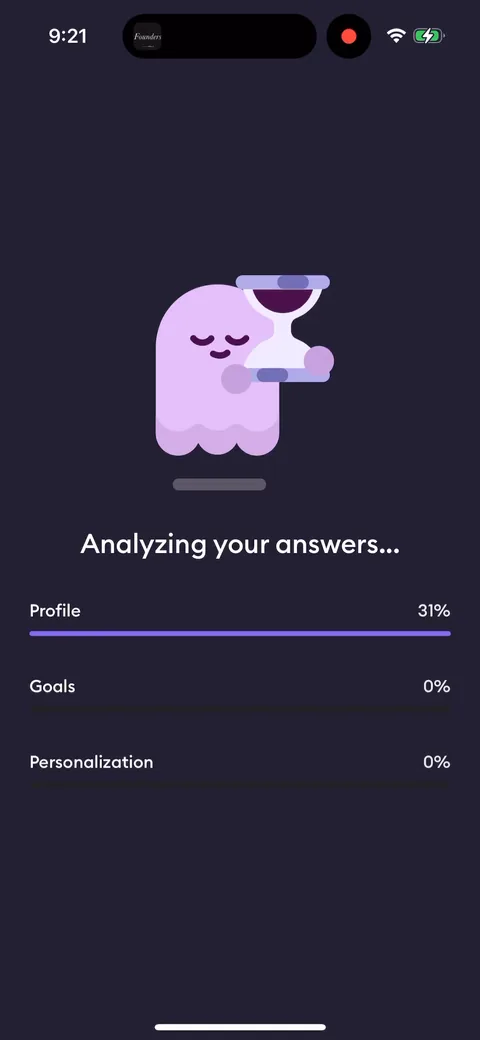 Ahead onboarding screen 19: Loading screen showing Profile / Goals / Personalization fill up