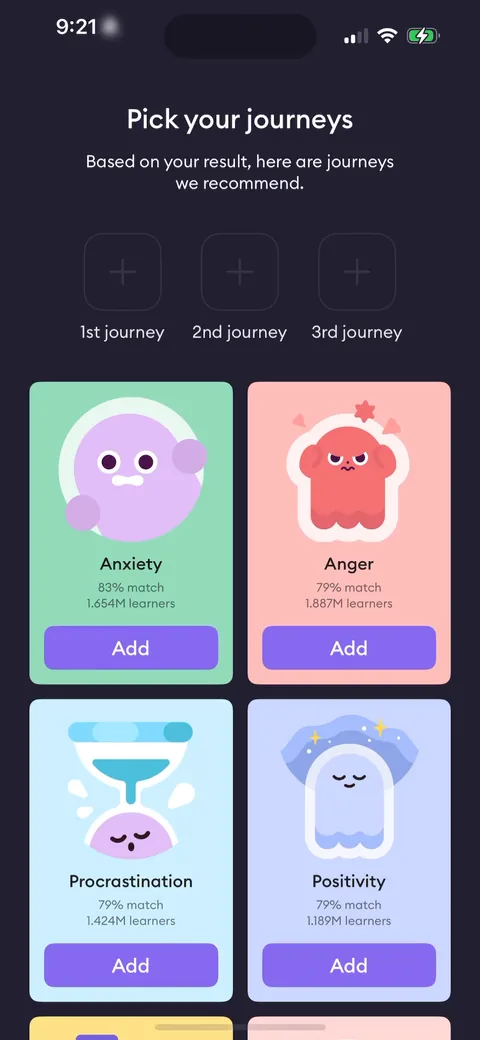 Ahead onboarding screen 22: Pick your journeys, each with a match % and millions of learners