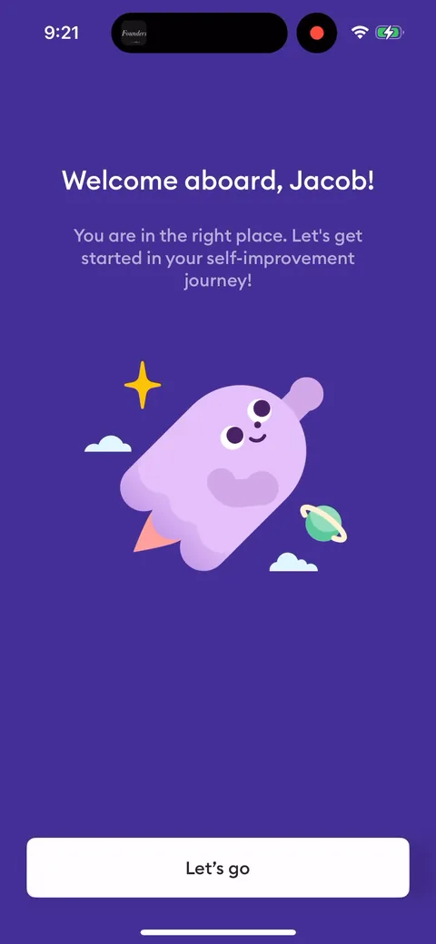 Ahead onboarding screen 28: 'Welcome aboard, Jacob.' Using the name makes it personal right before the value-building stretch