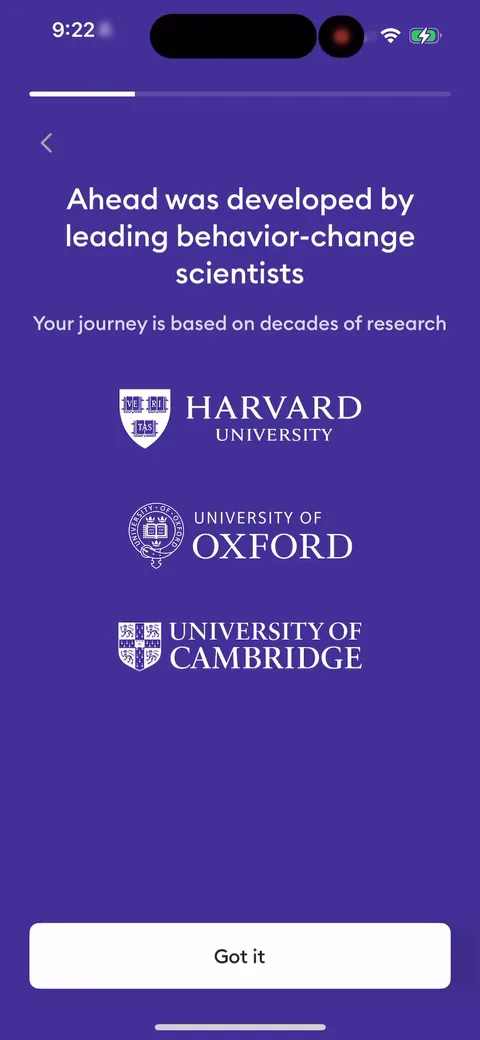 Ahead onboarding screen 29: Harvard, Oxford, Cambridge plus an Apple Design Award