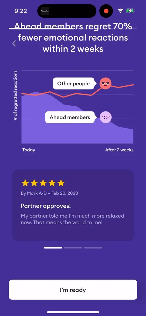 Ahead onboarding screen 30: A chart claiming 70% fewer regretted reactions in 2 weeks, next to a real-name review