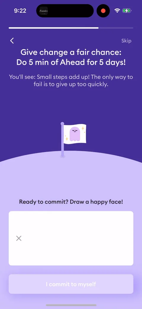 Ahead onboarding screen 32: Draw a happy face, then 'I commit to myself.' A physical micro-commitment right before the paywall, which…