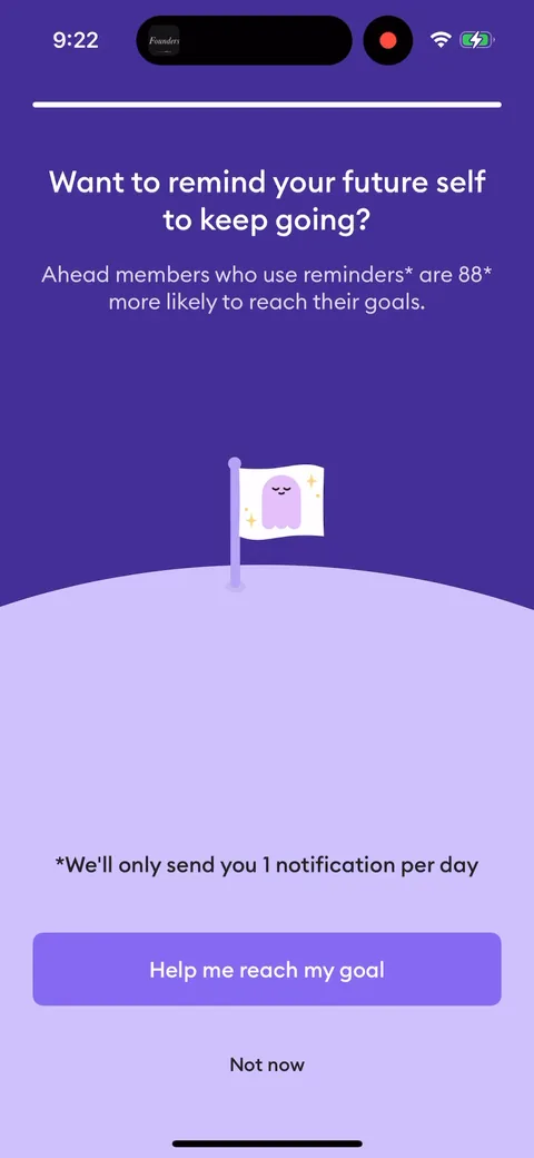 Ahead onboarding screen 35: Notification opt-in framed with '88% more likely to reach their goals' and 'only 1 per day.' Selling the…