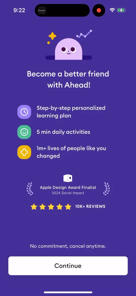 Ahead onboarding screen 37: The pre-paywall value screen: personalized plan, 5-min daily, '1m+ lives changed,' Apple Design Award, 10K+…