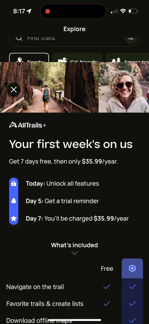 Alltrails onboarding screen 7: Trial paywall right after signup