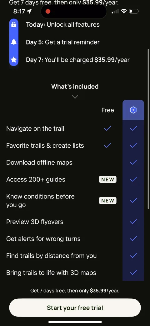 Alltrails paywall with pricing, onboarding screen 9