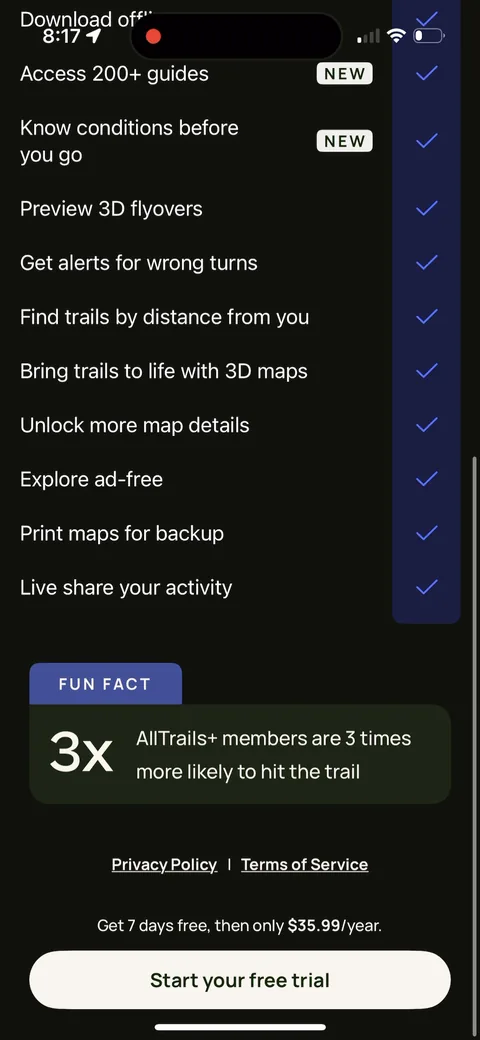 Alltrails onboarding screen 10: The paywall keeps a Free vs Plus column running the whole way down, so you can see exactly what you give up…