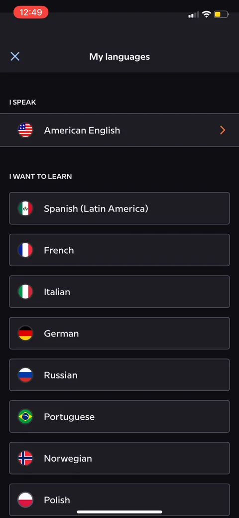 Babbel onboarding screen 5: Language-pair selection ('I speak' / 'I want to learn') is the first real input