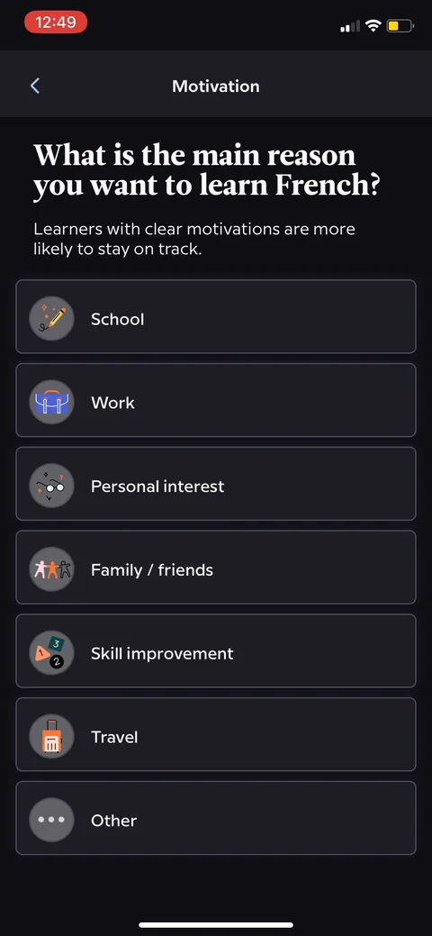 Babbel onboarding screen 7: Motivation quiz ('main reason you want to learn French') with a justification subhead: 'Learners with clear…