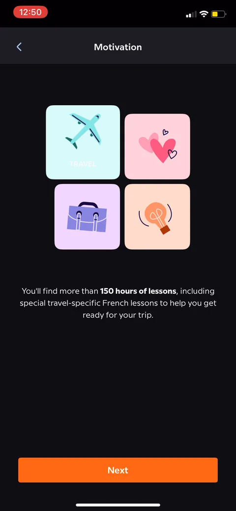 Babbel onboarding screen 9: Reflected-answer screen: picks up the 'Travel' motivation and sells '150 hours of lessons, including special…