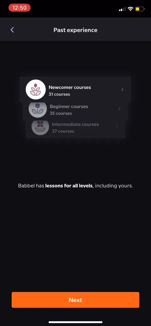 Babbel onboarding screen 11: Level-placement framing ('lessons for all levels, including yours') with course counts (31/35/27)