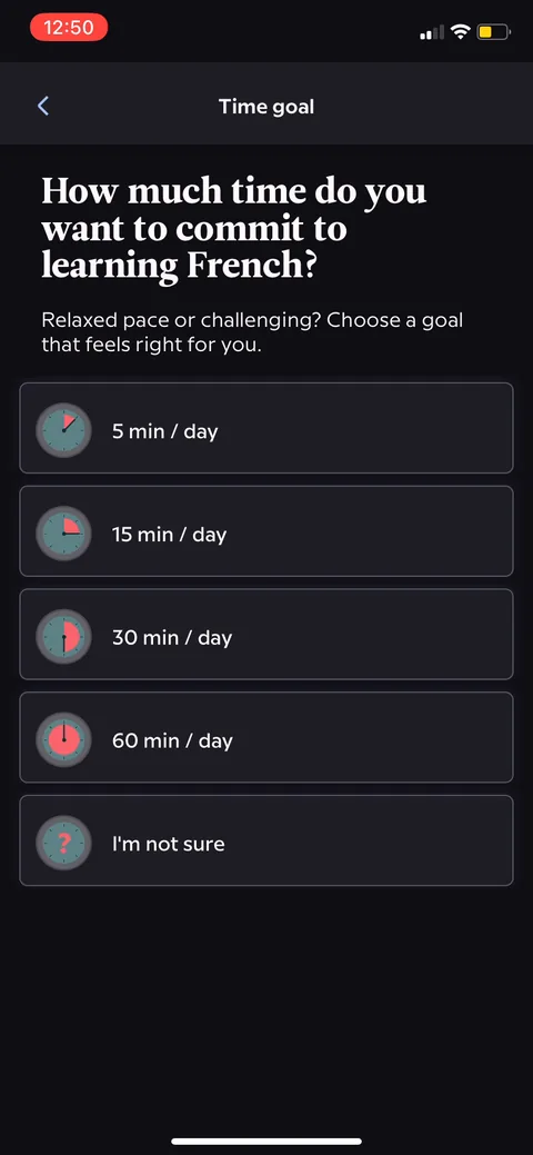 Babbel onboarding screen 13: Time-goal commitment (5/15/30/60 min/day + 'I'm not sure')