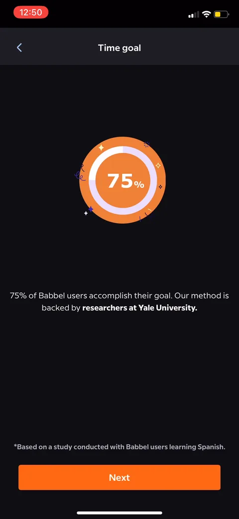 Babbel onboarding screen 15: Social-proof + authority stat: '75% of Babbel users accomplish their goal